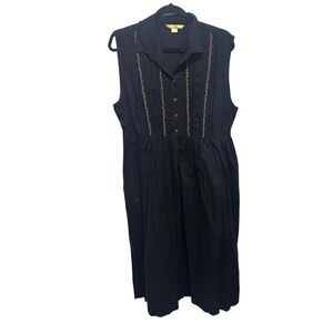 April Cornell Black Embroidered VNeck Maxi Dress Size Large Button Down